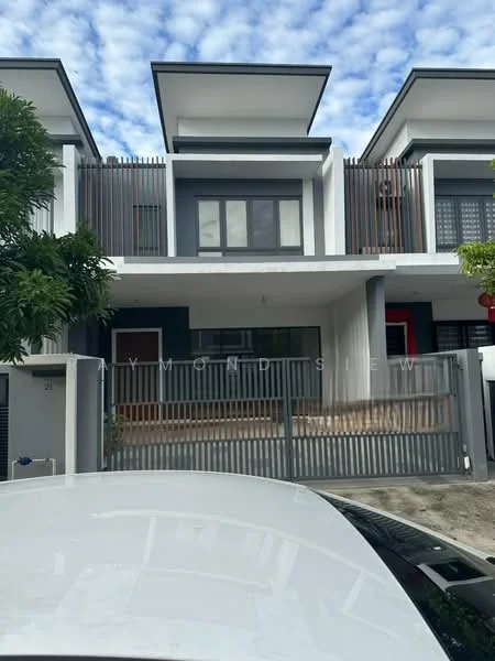 Exterior type: linked terrace house; features: white painted facade, flat roof, horizontal wooden slats on balcony, grey window frames, front gate with metal railing, two-storey structure, manicured landscaping, driveway with interlocking pavers; style: modern.