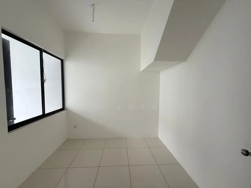 Room features: white painted walls, white ceiling, large window, tile flooring, corner with sloped ceiling, single door, no visible furniture or decor; style: minimalist.