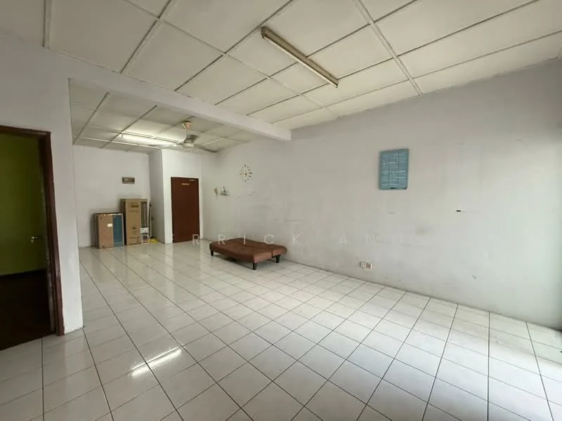 Room features: white painted walls, white tiled flooring, ceiling with fluorescent lighting, single ceiling fan, wooden door, two wooden doors, wall clock, decorative wall panel; style: minimalist.