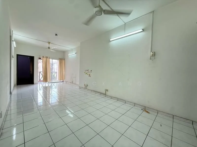 Living features: white painted walls, glossy white tile flooring, ceiling fan, two wall-mounted light fixtures, sliding glass door, curtains, open layout, no visible furniture.