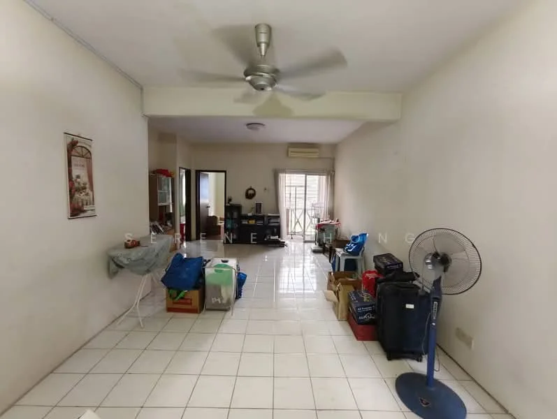 Living features: white painted walls, ceramic tile flooring, 5-blade ceiling fan, sliding glass door, window with sheer curtains, decorative wall clock, freestanding fan, various boxes and bags, open layout, natural light from sliding door.