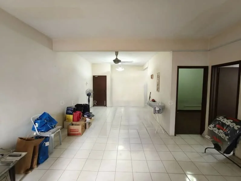 Room features: white painted walls, white tiled flooring, ceiling fan, doorway leading to another room, doorway leading to bathroom, multiple boxes and bags, folding chairs, wall-mounted light fixture.