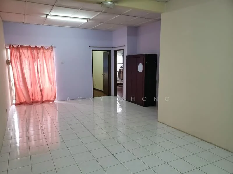 Room features: white painted walls, white tiled flooring, ceiling with fluorescent lights, curtains in light pink, wooden door, built-in wardrobe in dark wood, open layout, large window; style: minimalist.