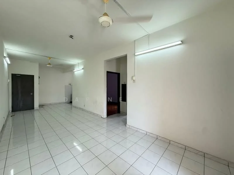 Room features: white painted walls, glossy white floor tiles, ceiling with fluorescent lighting, 2 ceiling fans, open layout, no visible furniture, doorway leading to another room, window opening, corner space, neutral color scheme; style: minimalist.