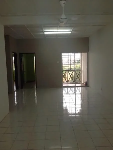 Room features: white painted walls, glossy tile flooring, ceiling fan, floor-to-ceiling windows, sliding glass door, balcony with railing, natural light from windows, neutral color scheme; style: modern; view: garden.