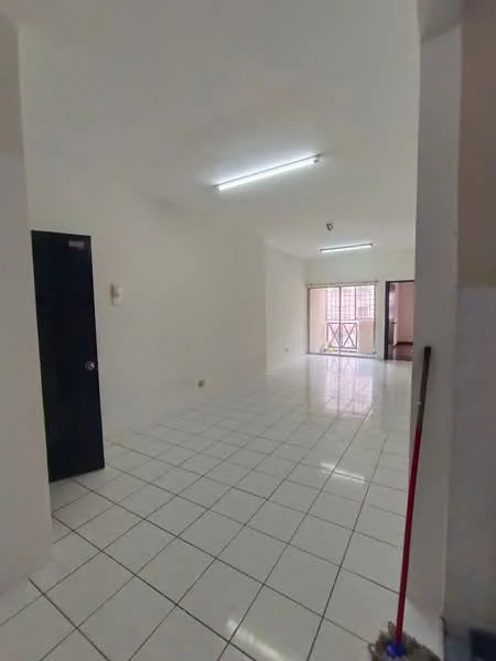Room features: white painted walls, glossy white tile flooring, fluorescent ceiling lights, large window with grid pattern, sliding door leading to another room, black door, open layout, neutral color scheme; style: modern.