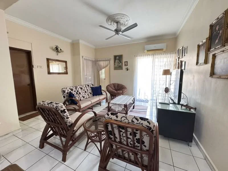 Living features: 3-seater fabric sofa with floral pattern, 2-seater rattan sofa, round coffee table, TV console, wall-mounted TV, ceiling fan, white painted walls, tile flooring, curtains, decorative wall frames, area rug, sliding glass door leading to balcony; style: contemporary.