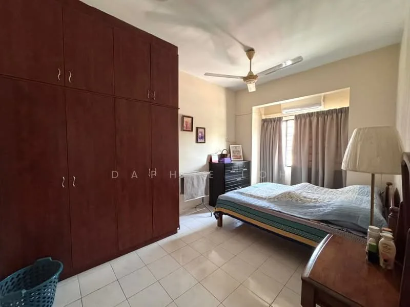 Bedroom features: queen-size bed, wooden headboard, built-in wardrobe with sliding doors, nightstand, table lamp, ceiling fan, window with sheer curtains, white tiled flooring, decorative wall art, basket for storage.