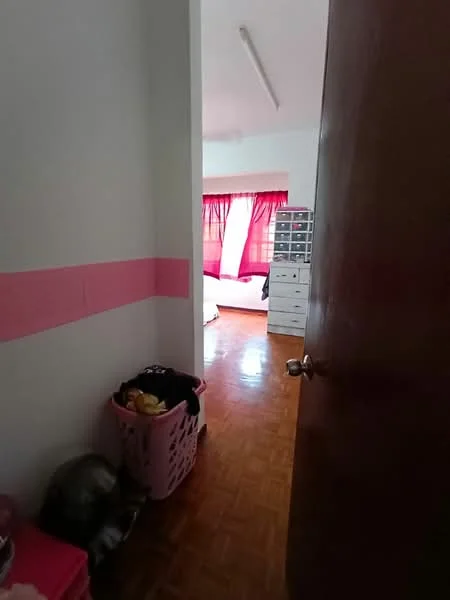 Room features: wood parquet flooring, white painted walls, pink accent wall, window with red curtains, door with doorknob, laundry basket, storage drawers, light fixture on ceiling.