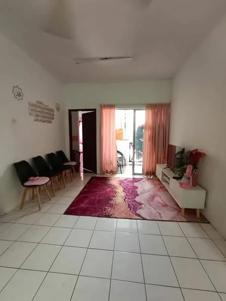 Living features: white painted walls, tile flooring, 5-blade ceiling fan, sliding glass door, curtains in peach color, TV console, wall-mounted TV, area rug with abstract pattern, 2-seater sofa, 4 black chairs, decorative plant; style: modern.