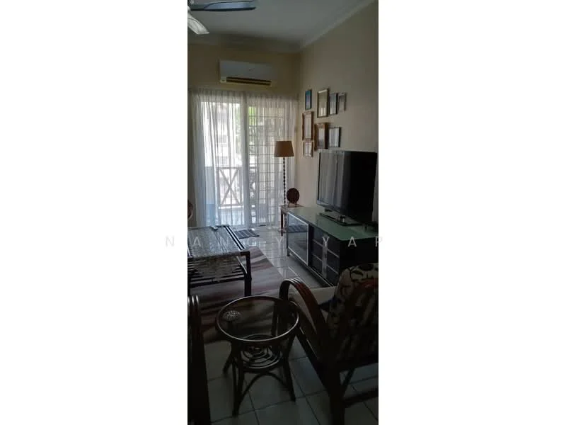Living features: 3-seater sofa, coffee table, TV console, wall-mounted TV, floor-to-ceiling windows, sheer curtains, ceiling fan, air conditioning unit, decorative wall frames, laminate flooring.