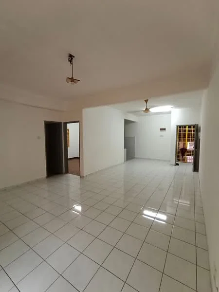 Living features: white painted walls, glossy ceramic tile flooring, ceiling fan, recessed downlights, large windows, doorway leading to another room, open layout, neutral color scheme; style: modern.