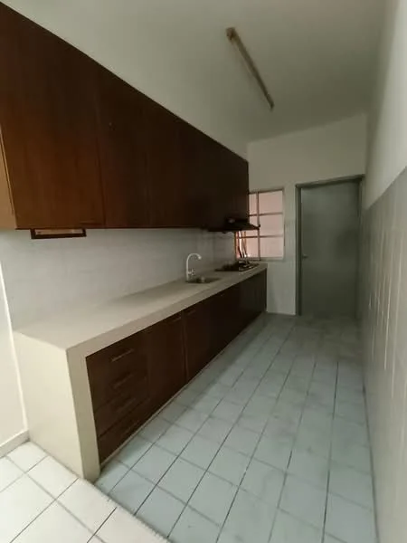 Kitchen features: brown wooden cabinetry, white countertop, single-bowl stainless-steel sink, chrome pull-down faucet, tile flooring in white, white tiled walls, window with grid pattern, built-in oven, kitchen cabinet with handles; style: modern.