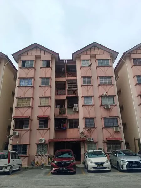 Exterior type: low-rise apartment block; features: pink painted facade, 3-storey building, balconies with railings, multiple air conditioning units visible, parking lot in front, cars parked in designated spaces, entrance with awning, symmetrical facade design; style: traditional.