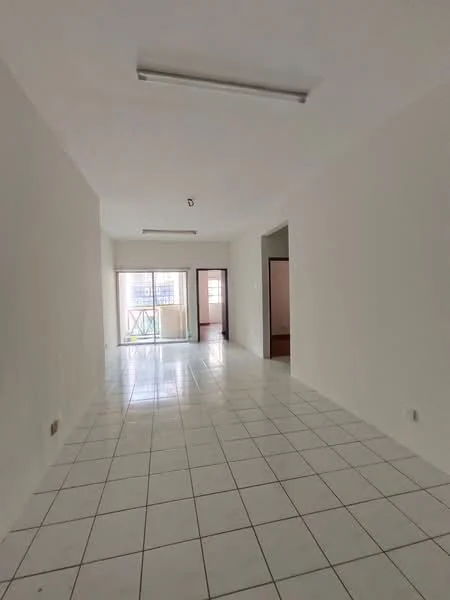 Room features: white painted walls, white ceiling, recessed downlights, large floor-to-ceiling windows, sliding glass door, ceramic tile flooring, open layout, natural light, balcony access, neutral color scheme; style: modern; view: city.