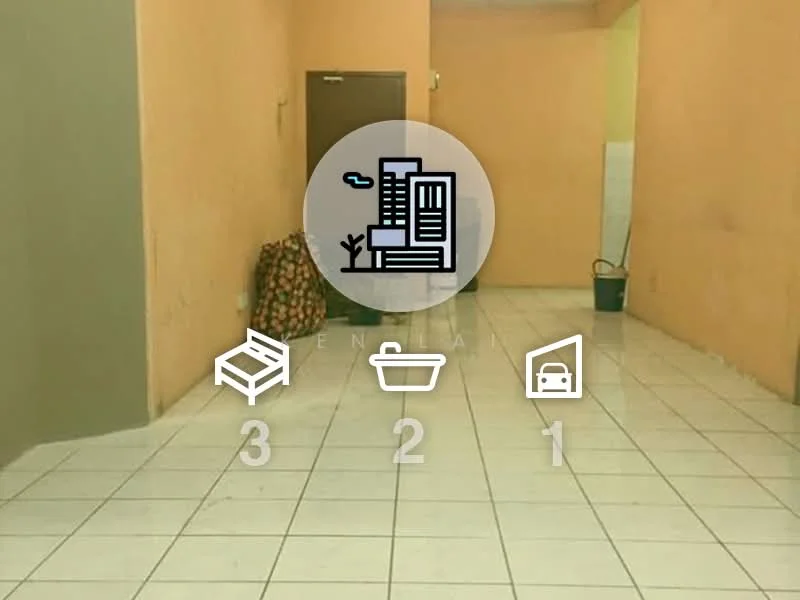 Room features: orange painted walls, white tiled flooring, ceiling lights, empty space, no visible furniture, single door, window with no treatment, corner with a bucket.