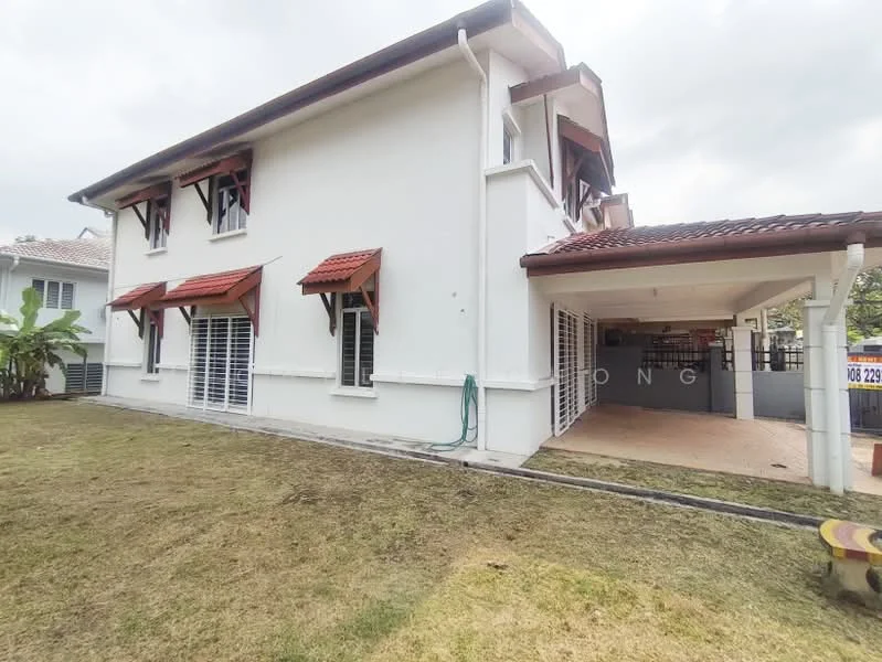 Exterior type: detached bungalow; features: white painted facade, red tiled roof, wooden window shutters, manicured lawn, paved driveway, car porch, surrounded by greenery, two-storey structure; style: modern.