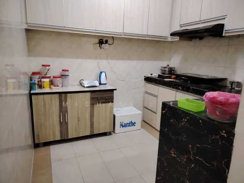 Kitchen features: light wood cabinetry, black countertop, white ceramic tile backsplash, stainless-steel sink, chrome faucet, built-in stove, microwave, kettle, plastic storage containers, countertop with food preparation area, tile flooring, wall-mounted electrical outlets; style: modern.