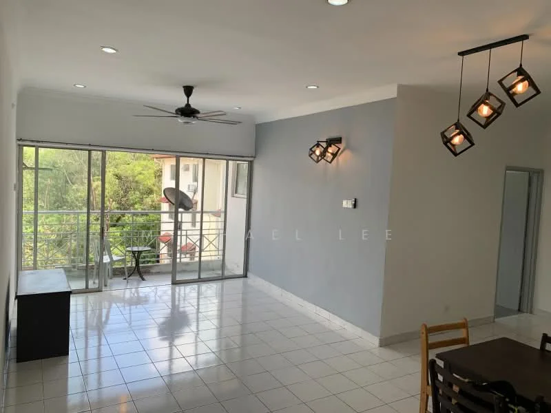 Living features: white painted walls, grey accent wall, polished tile flooring, 5-blade ceiling fan with light, recessed downlights, sliding glass door, floor-to-ceiling windows, dining table, wooden dining chairs, TV console, decorative pendant lights; style: modern; view: garden.