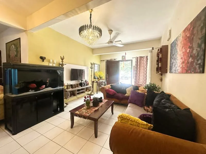 Living features: sofa with cushions in brown and purple, coffee table with decorative items, TV console with television, chandelier light fixture, ceiling fan, floor-to-ceiling windows with sheer curtains, decorative wall art, tile flooring, wall-mounted shelves, potted plants; style: contemporary; view: garden.