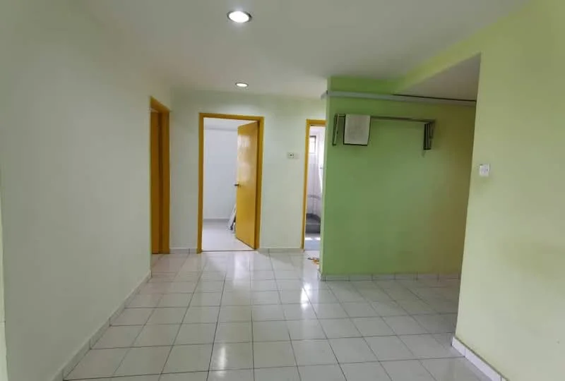 Room features: white painted walls, light green accent wall, ceramic tile flooring, recessed downlights, two wooden doors, one open doorway, corner wall with shelf, neutral color scheme; style: modern.
