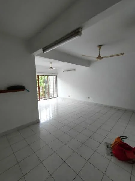 Living features: white painted walls, white tiled flooring, exposed ceiling beams, 2 ceiling fans, sliding glass door, window with grille, open layout, natural light from windows, shelving unit on wall, no visible furniture; view: garden.