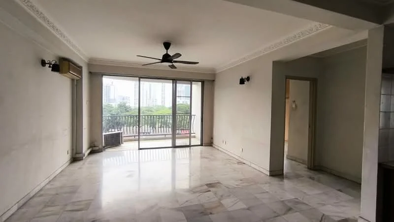 Living features: marble flooring, white painted walls, ceiling fan, floor-to-ceiling windows, sliding glass door, balcony access, wall-mounted air conditioning unit, decorative ceiling moulding, natural light from windows, view of greenery; style: modern; view: garden.