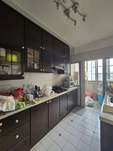 Kitchen features: dark wood cabinetry, white countertop, ceramic tile flooring, built-in oven, microwave, stainless-steel sink, chrome faucet, glass-front upper cabinets, kitchen utensils and appliances visible, multiple windows, light fixture with multiple bulbs; style: modern; view: city.