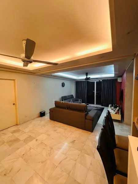 Living features: marble tile flooring, cream painted walls, tray ceiling with recessed lighting, 5-blade ceiling fan with light, floor-to-ceiling windows, blackout curtains, L-shape sectional sofa in grey, coffee table, TV console, wall-mounted TV, decorative wall with red accent, area rug; style: modern.