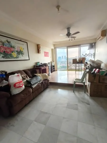 Living features: marble flooring, 5-blade ceiling fan, floor-to-ceiling windows, sliding glass door, balcony access, sofa in brown fabric, coffee table, decorative wall art, wall-mounted air conditioning unit, light-colored walls, wooden dining table, plastic chair, boxes and bags, view of city skyline; style: contemporary; view: city.