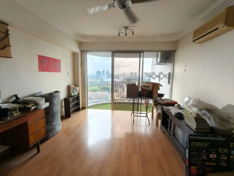 Living features: laminate flooring, white painted walls, ceiling fan, floor-to-ceiling windows, sliding glass door, balcony view, wooden side table, dark upholstered chair, cardboard boxes, stack of books, air conditioning unit; style: modern; view: city.