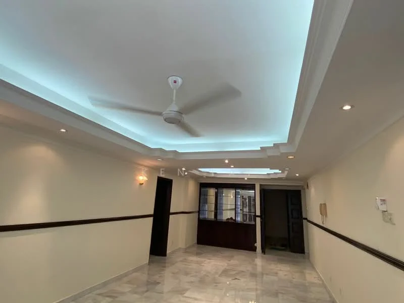 Room features: marble flooring, white painted walls, crown moulding, 5-blade ceiling fan, recessed LED downlights, wall sconces, decorative ceiling with LED lighting, double-door entry, wooden door, open layout; style: modern.
