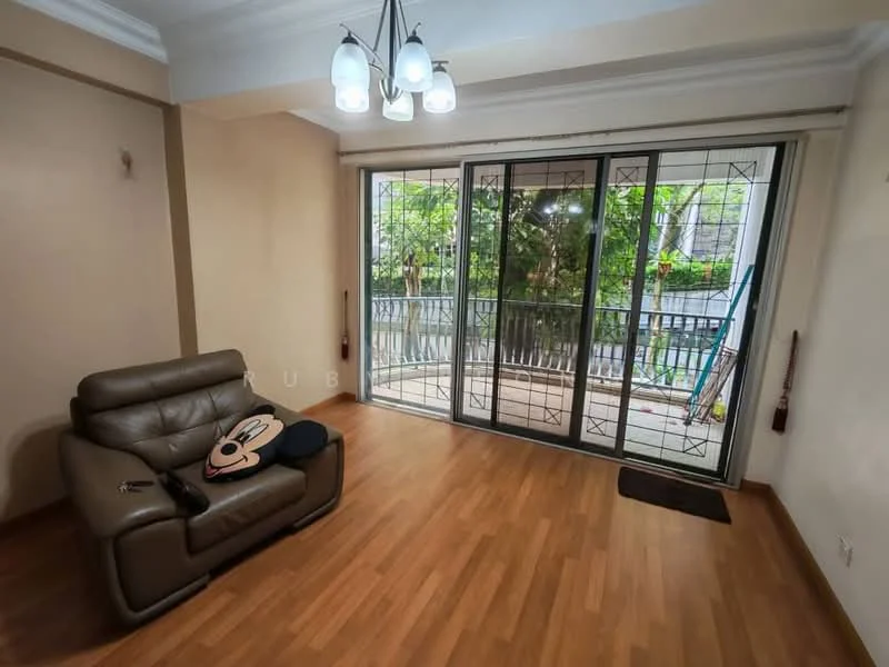Living features: laminate flooring, cream painted walls, tray ceiling, 3-blade ceiling fan, sliding glass door, floor-to-ceiling windows, curtains, leather sofa in brown, coffee table, decorative wall art; style: modern; view: garden.