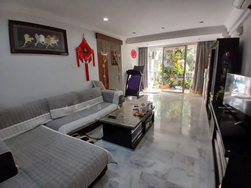 Living features: grey fabric L-shape sectional sofa, coffee table with glass top, wall-mounted TV, entertainment unit, marble flooring, recessed downlights, decorative wall art, sliding glass door, floor-to-ceiling windows, curtains, indoor plants, area rug; style: modern; view: garden.