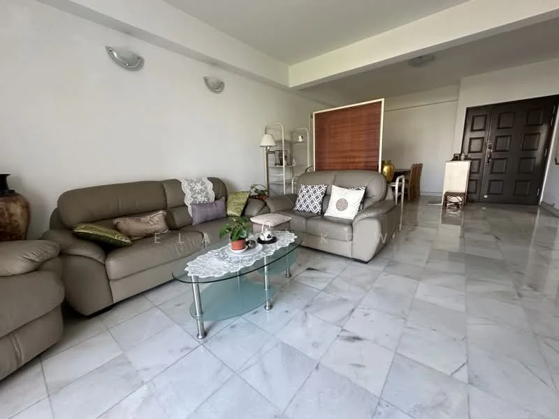 Living features: 2-seater leather sofa in beige, 3-seater leather sofa in beige, glass coffee table, marble flooring, white painted walls, decorative cushions, potted plant on table, wall sconces, partition screen, wooden side table; style: contemporary.