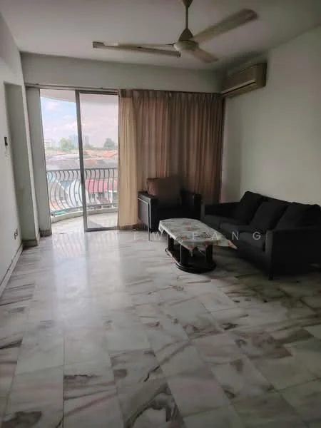 Living features: marble flooring, white painted walls, 5-blade ceiling fan, sliding glass door, floor-to-ceiling windows, curtains, black fabric sofa, coffee table, air conditioning unit; style: modern; view: city.