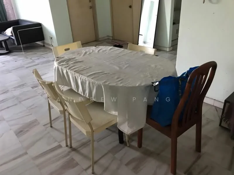 Dining features: rectangular dining table with tablecloth, 4 dining chairs, 1 wooden chair, marble flooring, large mirror on the wall, neutral wall color, open space layout, natural light from windows. Room features: light-colored walls, doorway leading to another room, floor-to-ceiling mirror.