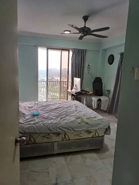 Bedroom features: king-size bed with unmade bedding, light blue painted walls, marble flooring, 5-blade ceiling fan, floor-to-ceiling windows, curtains, computer desk with chair, wall-mounted clock, decorative wall art, balcony access, view of the city; style: modern; view: city.