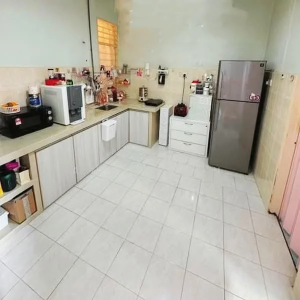 Kitchen features: light grey cabinetry, laminate countertop, white tiled backsplash, stainless-steel fridge, microwave, coffee machine, kettle, sink, single-bowl stainless-steel sink, chrome pull-down faucet, ceramic tile flooring, wall-mounted shelves, under-cabinet lighting; style: modern.