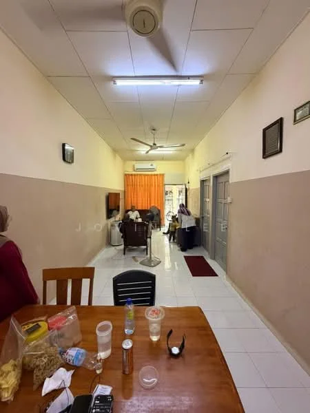 Living features: white painted walls, cream painted walls, white tiled flooring, 5-blade ceiling fan, recessed lighting, TV mounted on wall, wooden dining table, black dining chairs, orange curtains, sofa, coffee table, decorative wall frames, open space layout.