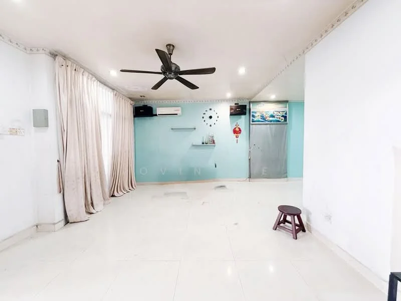 Living features: white painted walls, marble tile flooring, 5-blade ceiling fan with light, wall-mounted split AC, curtains, wall-mounted shelf, decorative wall clock, stool, light blue accent wall, recessed downlights; style: modern.