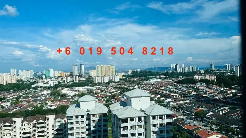 Exterior type: high-rise condominium; features: city skyline view, surrounded by residential areas, clear blue sky, distant mountains, high-rise buildings in the background, rooftops of low-rise houses; style: modern.