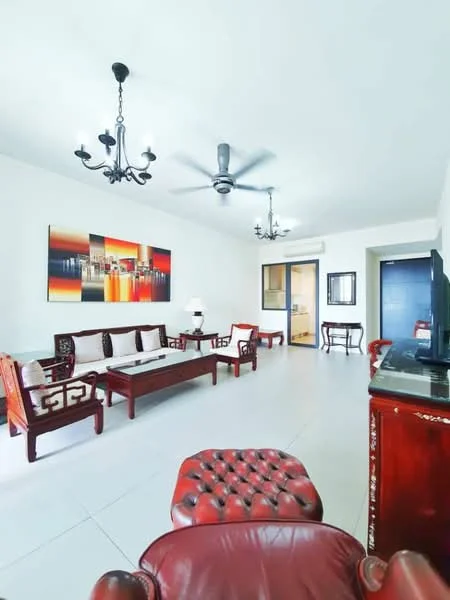 Living features: white painted walls, ceramic tile flooring, 5-blade ceiling fan with light, chandelier, sofa with beige upholstery, wooden coffee table, wooden side tables, framed artwork on wall, TV console, wall-mounted TV, decorative armchair, window with sheer curtains; style: traditional.
