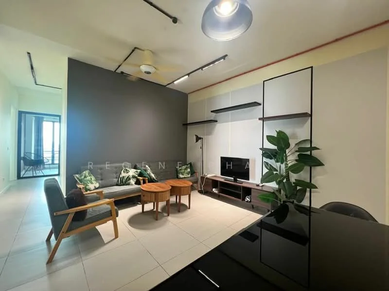 Living features: grey accent wall, white painted walls, tile flooring, 5-blade ceiling fan with light, recessed downlights, sofa with green cushions, two round wooden coffee tables, TV console with wall-mounted TV, decorative plants, open shelving units; style: modern.