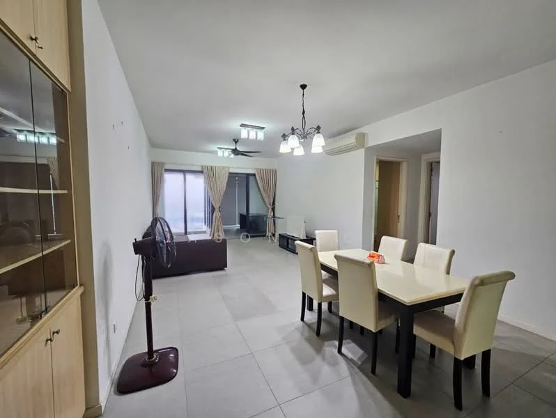 Living features: white painted walls, tile flooring, ceiling lights, chandelier, 5-blade ceiling fan, large windows with sheer curtains, sofa, dining table with 6 chairs, glass display cabinet, TV console, decorative items on table; style: modern.
