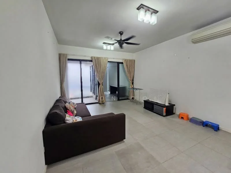Living features: 3-seater fabric sofa in dark brown, ceiling fan with light, recessed LED downlights, floor-to-ceiling sliding glass doors, curtains in beige, wall-mounted air conditioning unit, light-colored tiled flooring, TV console in black, decorative items on console, small pet feeding area with bowls; style: modern.