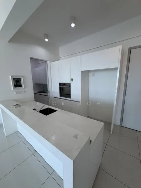 Kitchen features: white cabinetry, marble countertop, single-bowl stainless-steel sink, chrome pull-down faucet, built-in oven, built-in microwave, ceramic tile flooring, recessed downlights, minimalist design, open layout, white walls, sliding door, island with seating; style: modern.