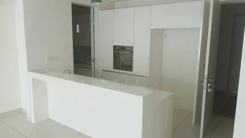 Kitchen features: white cabinetry, white quartz countertop, built-in oven, stainless-steel sink, chrome pull-down faucet, flat-panel cabinet doors, tile backsplash, ceramic tile flooring, recessed downlights; style: modern.