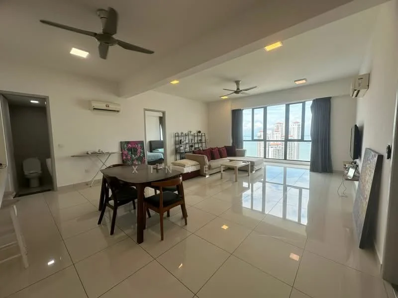 Living features: white painted walls, glossy ceramic tile flooring, 5-blade ceiling fan with light, 2-seater fabric sofa in white, 3-seater fabric sofa in grey, coffee table, TV console, wall-mounted TV, floor-to-ceiling windows, curtains, air conditioning unit, decorative artwork; style: modern; view: city. Dining features: dining table for 4, wooden dining chairs; style: modern; view: city. Bathroom features: one-piece toilet.