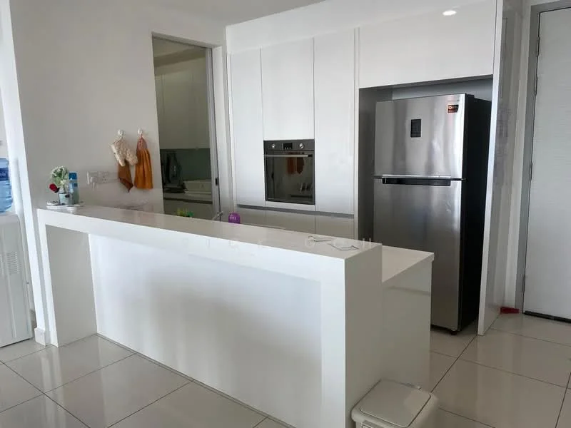 Kitchen features: white cabinetry, stainless-steel fridge, built-in oven, white countertop, ceramic tile flooring, recessed downlights, water dispenser, kitchen island with seating, wall-mounted cabinets, open shelving; style: modern.